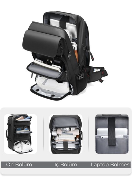Su Geçirmez 17.3" Inç 60L Ayakkabı Bölmeli Seyahat Sırt Çantası - Laptop Bölmeli, USB Şarj Girişli indirimleri
