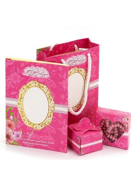 10 Adet Hediyelik 4'lü Mevlüt Seti Isme Özel Etiketli Çantalı, Tesbihli, Yasin Kitabı - Pembe
