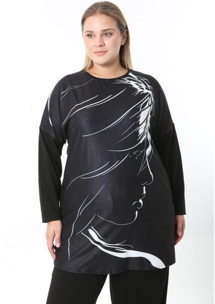 -Yünlü Viskon Desenli Likralı Kadın Büyük Beden Tunik