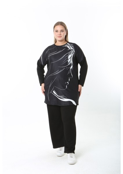 -Yünlü Viskon Desenli Likralı Kadın Büyük Beden Tunik