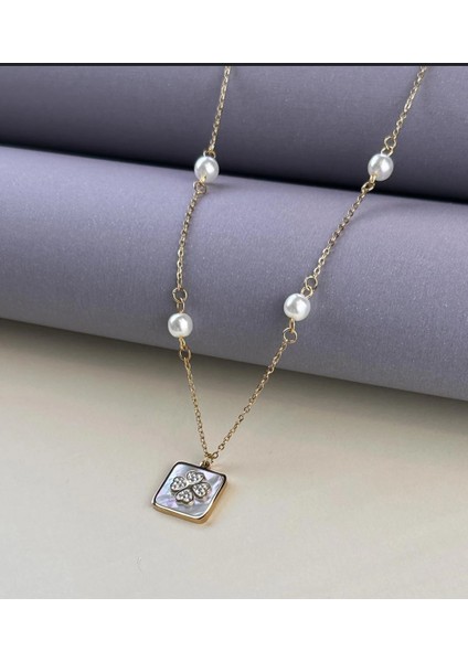 İnci Detaylı Yonca Taşlı Gold Kolye Paslanmaz Çelik fiyatları