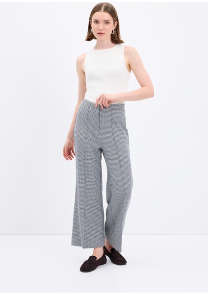 Yüksek Bel Fit Kesim Ekose Desenli Pantolon Lacivert