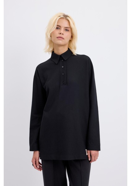 Polo Yaka Yandan Yırtmaçlı Sweatshirt Siyah