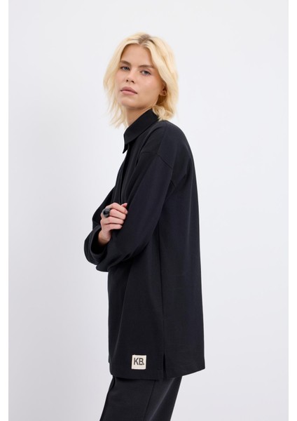 Polo Yaka Yandan Yırtmaçlı Sweatshirt Siyah modelleri