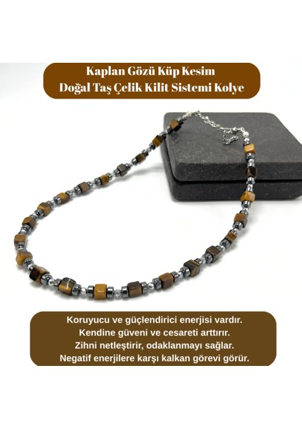 Sertifikalı Kaplan Gözü Taşı Küp Kesim Doğal Taş Çelik Kilit Sistemi 6 mm Kolye