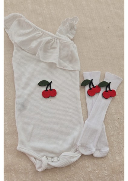 Kız Bebek Ribana Beyaz Tek Kol Askılı Çıtçıtlı Body Keçeli Figür Çorap Set