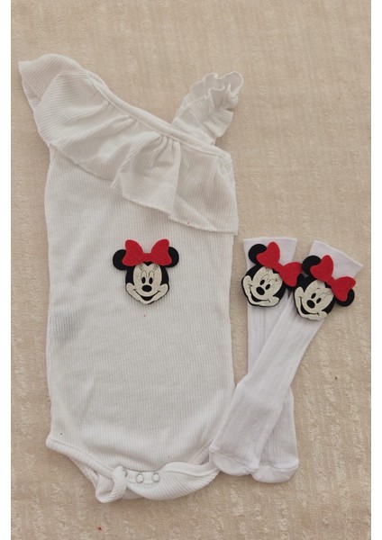 Kız Bebek Ribana Beyaz Tek Kol Askılı Çıtçıtlı Body Keçeli Figür Çorap Set
