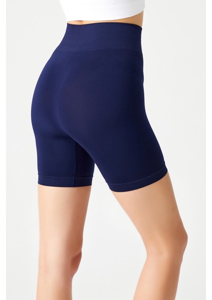 Lacivert Yüksek Bel Dikişsiz Toparlayıcı Kısa Spor Tayt Seamless Biker