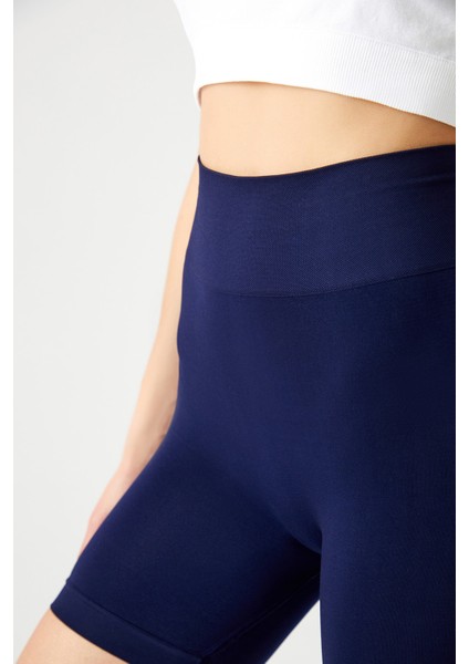 Lacivert Yüksek Bel Dikişsiz Toparlayıcı Kısa Spor Tayt Seamless Biker modelleri
