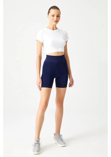 Lacivert Yüksek Bel Dikişsiz Toparlayıcı Kısa Spor Tayt Seamless Biker indirimleri