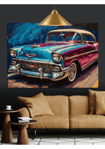 Mavi Klasik Araba Dekoratif Kanvas - Mdf Ahşap Tablo