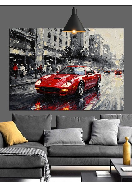 Yağmurlu Kırmızı Araba Dekoratif Kanvas - Mdf Ahşap Tablo