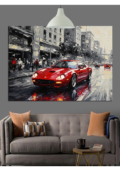 Yağmurlu Kırmızı Araba Dekoratif Kanvas - Mdf Ahşap Tablo fiyatları