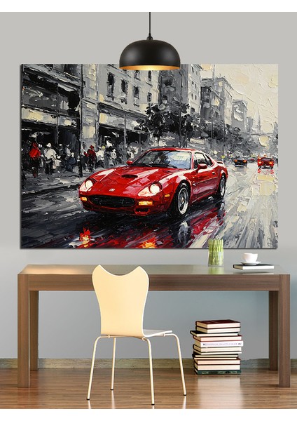 Yağmurlu Kırmızı Araba Dekoratif Kanvas - Mdf Ahşap Tablo modelleri