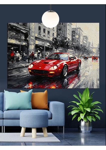 Yağmurlu Kırmızı Araba Dekoratif Kanvas - Mdf Ahşap Tablo fırsatları