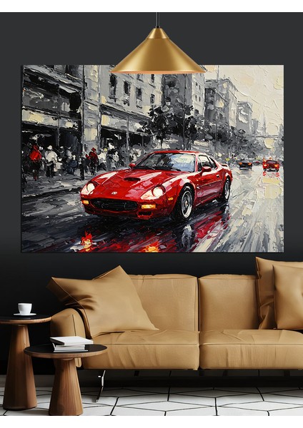 Yağmurlu Kırmızı Araba Dekoratif Kanvas - Mdf Ahşap Tablo indirimleri