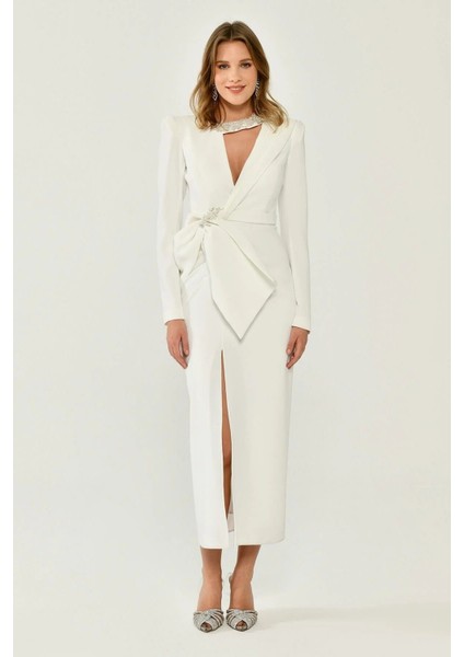 Alfa Beta Uzun Kollu Vatkalı V Yaka Yırtmaçlı Midi Abiye Elbise