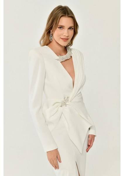 Alfa Beta Uzun Kollu Vatkalı V Yaka Yırtmaçlı Midi Abiye Elbise fiyatları