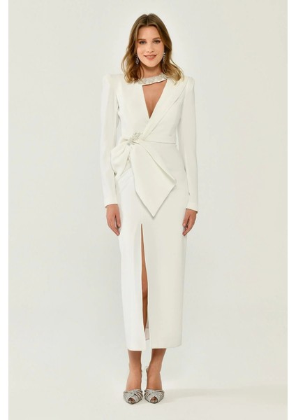 Alfa Beta Uzun Kollu Vatkalı V Yaka Yırtmaçlı Midi Abiye Elbise fırsatları