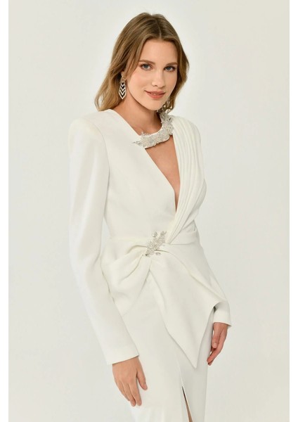 Alfa Beta Uzun Kollu Vatkalı V Yaka Yırtmaçlı Midi Abiye Elbise indirimleri