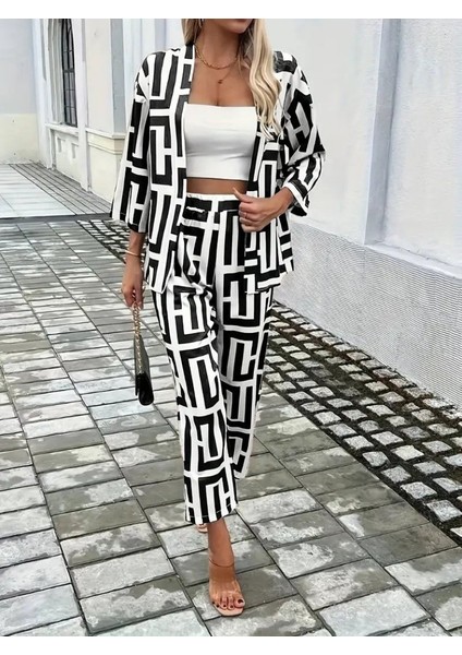 Kadın Uzun Kollu Önü Açık Desenli Iki Iplik Ceket ve Pantolon Ikili Takım fiyatları