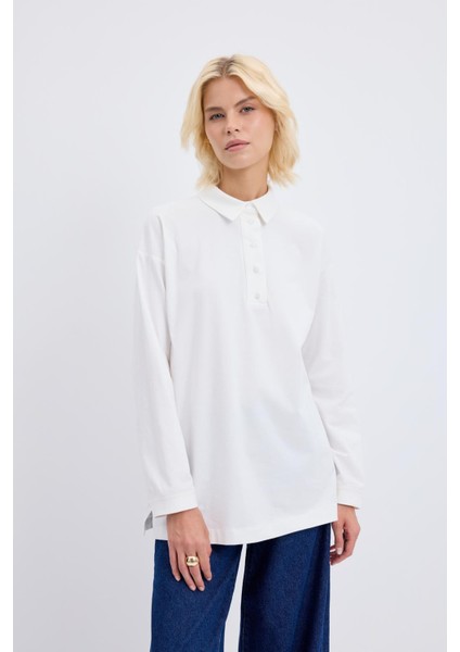 Polo Yaka Yandan Yırtmaçlı Sweatshirt Ekru