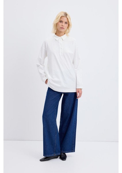 Polo Yaka Yandan Yırtmaçlı Sweatshirt Ekru fiyatları