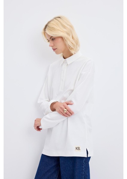 Polo Yaka Yandan Yırtmaçlı Sweatshirt Ekru indirimleri