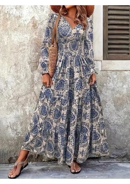 Kadın Uzun Kollu V Yakalı Desenli Süprem Elbise fiyatları