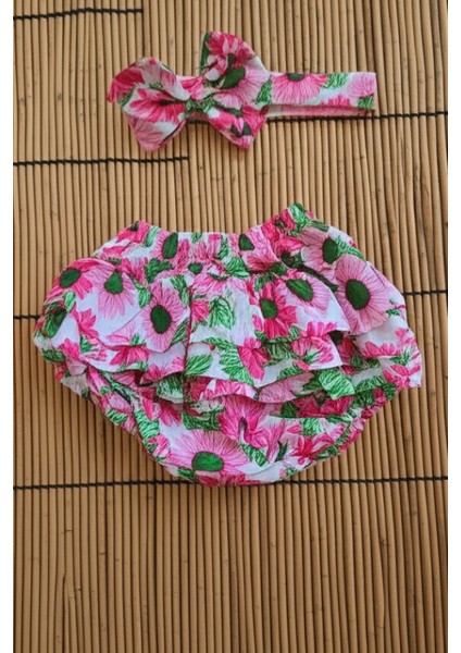 Kız Bebek Desenli Fırfırlı Şort Etek - Bandana Takım Bebek Hediyelik