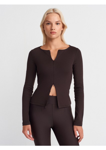 31993 Fermuar Detaylı Uzun Kollu Top-Koyu Kahve