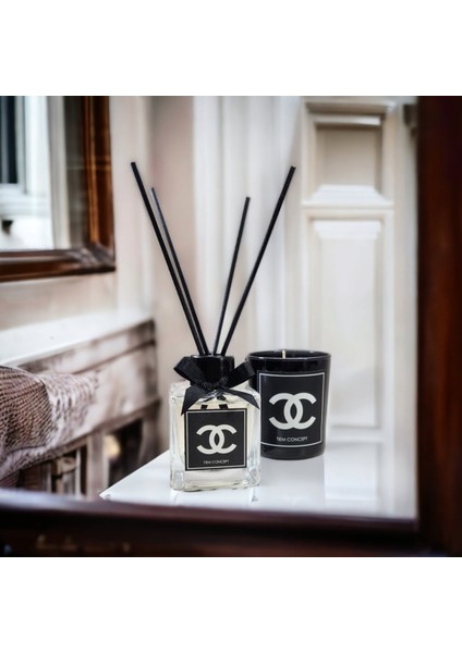 Vanilya Kokulu Doğal İçerikli Bardak Mum ve Çubuklu Oda Kokusu Seti 150g 100ml Siyah