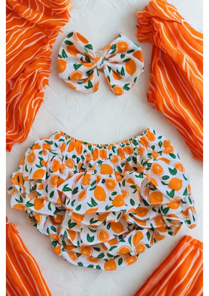 Kız Bebek Desenli Fırfırlı Şort Etek - Bandana Takım Bebek Hediyelik