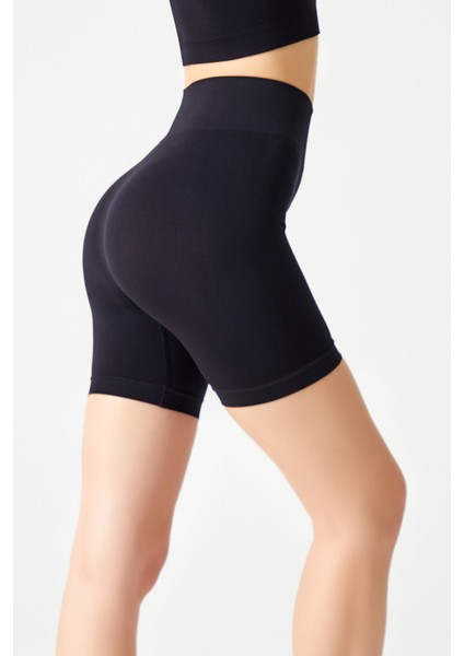 Siyah Yüksek Bel Dikişsiz Kısa Spor Tayt