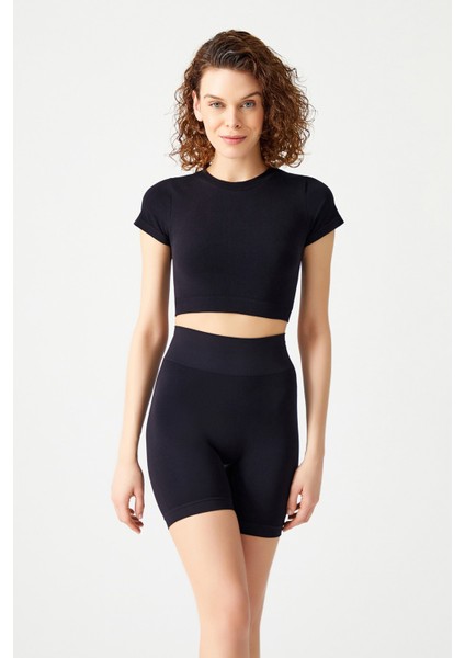 Siyah Yüksek Bel Dikişsiz Kısa Spor Tayt fırsatları