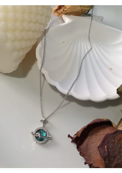 Galaksi Satürn Mavi Ay Yıldız Paslanmaz Çelik Kolye