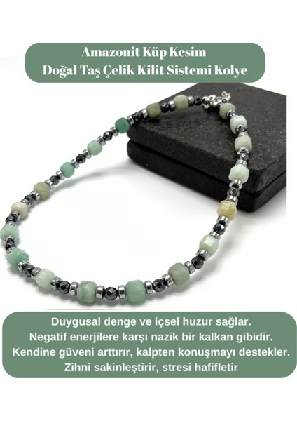 Sertifikalı Amazonit Taşı Küp Kesim Doğal Taş Çelik Kilit Sistemi 8 mm Kolye