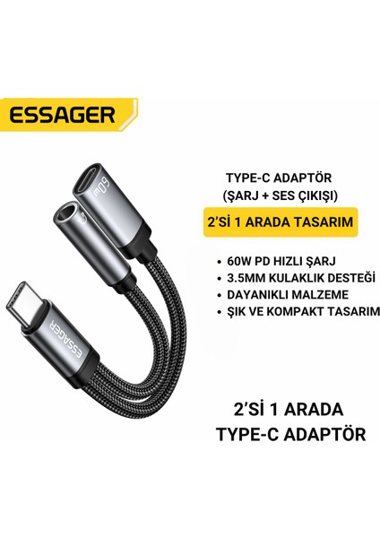 2in1 Type-C Adaptör | 60W Hızlı Şarj + 3.5mm Kulaklık Çıkışı, Hifi Ses ve Hızlı Şarj Adaptörü