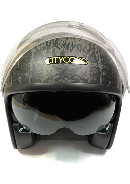 Motosiklet Yarım Kask , Grafiti Desenli, Çift Vizörlü, Vintage Stil, Terletme Yapmaz Pedler