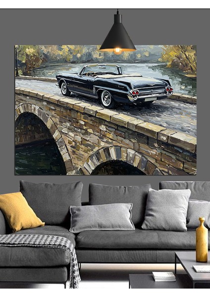 Taş Köprü Üzerinde Araba Dekoratif Kanvas - Mdf Ahşap Tablo