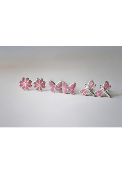 Pembe Mineli 3lü Kız Çocuk 925 Ayar Gümüş Küpeler - Çiçek, Kelebek ve Yusufcuk