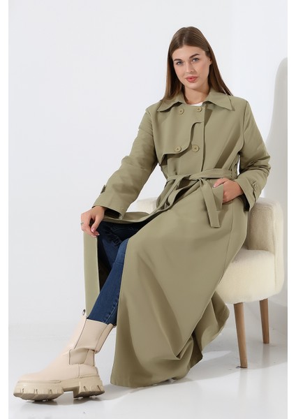 Amazon Keten Kumaş Uzun Boy Düğmeli Astarlı Yumuşak Dokulu Trenç Kot Mint Yeşil