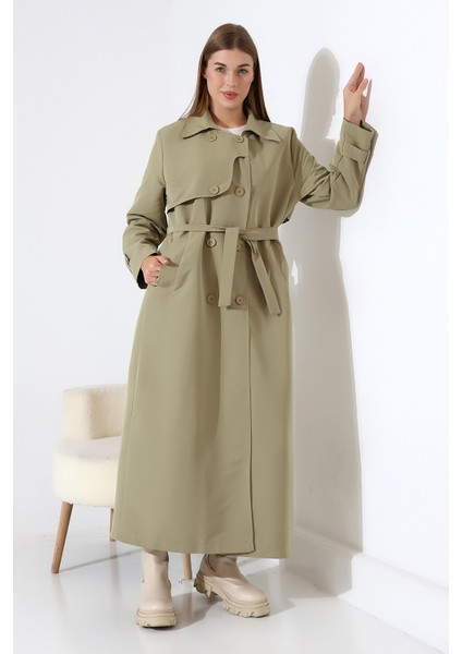 Amazon Keten Kumaş Uzun Boy Düğmeli Astarlı Yumuşak Dokulu Trenç Kot Mint Yeşil