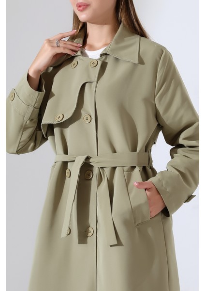 Amazon Keten Kumaş Uzun Boy Düğmeli Astarlı Yumuşak Dokulu Trenç Kot Mint Yeşil