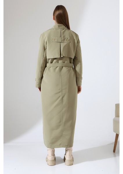 Amazon Keten Kumaş Uzun Boy Düğmeli Astarlı Yumuşak Dokulu Trenç Kot Mint Yeşil