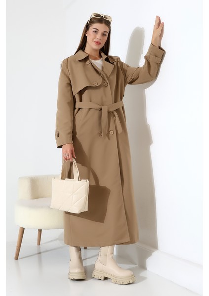 Amazon Keten Kumaş Uzun Boy Düğmeli Astarlı Yumuşak Dokulu Trenç Kot Vizon modelleri