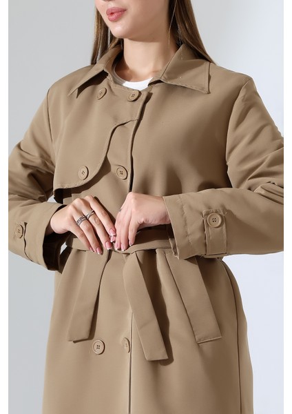 Amazon Keten Kumaş Uzun Boy Düğmeli Astarlı Yumuşak Dokulu Trenç Kot Vizon