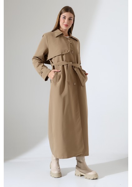 Amazon Keten Kumaş Uzun Boy Düğmeli Astarlı Yumuşak Dokulu Trenç Kot Vizon