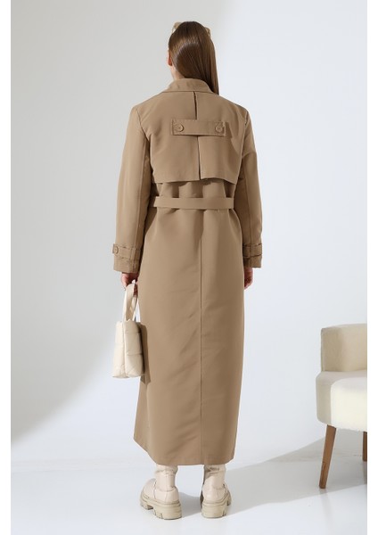 Amazon Keten Kumaş Uzun Boy Düğmeli Astarlı Yumuşak Dokulu Trenç Kot Vizon