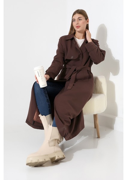 Amazon Keten Kumaş Uzun Boy Düğmeli Astarlı Yumuşak Dokulu Trenç Kot Koyu Kahve